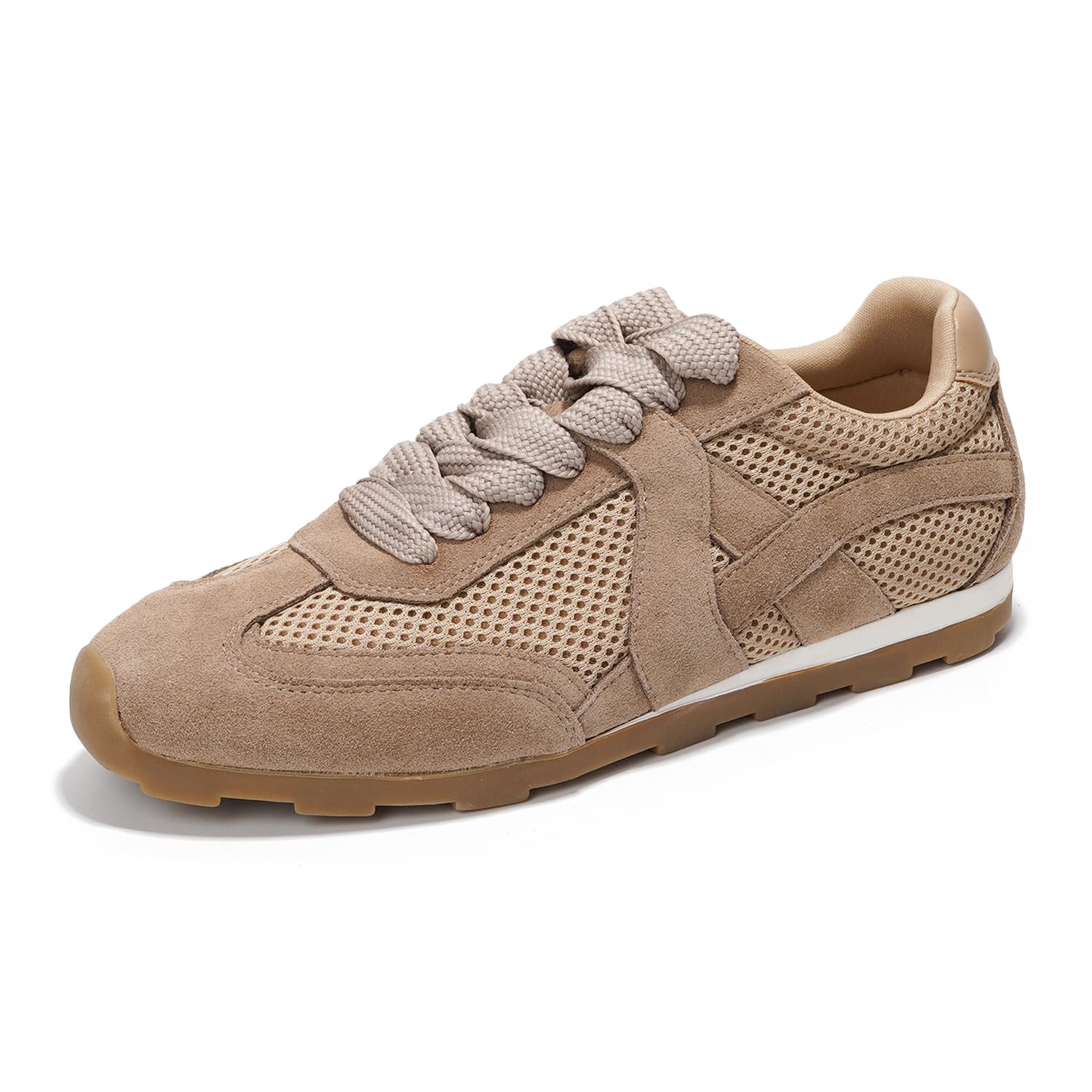 Project Cloud "Tiger" taupe sneakers, suede and breathable mesh upper with memory foam insole for comfort and style.