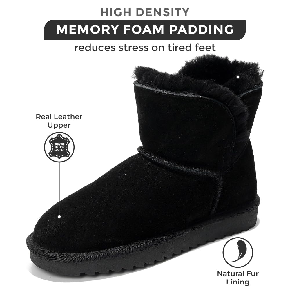 Project Cloud Timmy Mini Boots: Black leather fur-lined ankle boots with memory foam comfort.