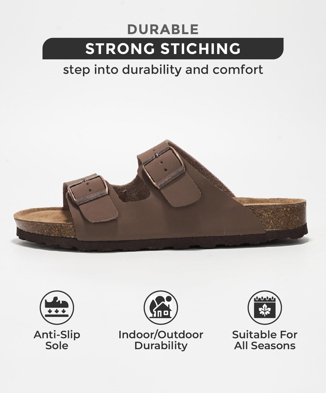 Project Cloud Venita brown leather sandals, adjustable buckles, cork footbed. Durable and suitable for all seasons.