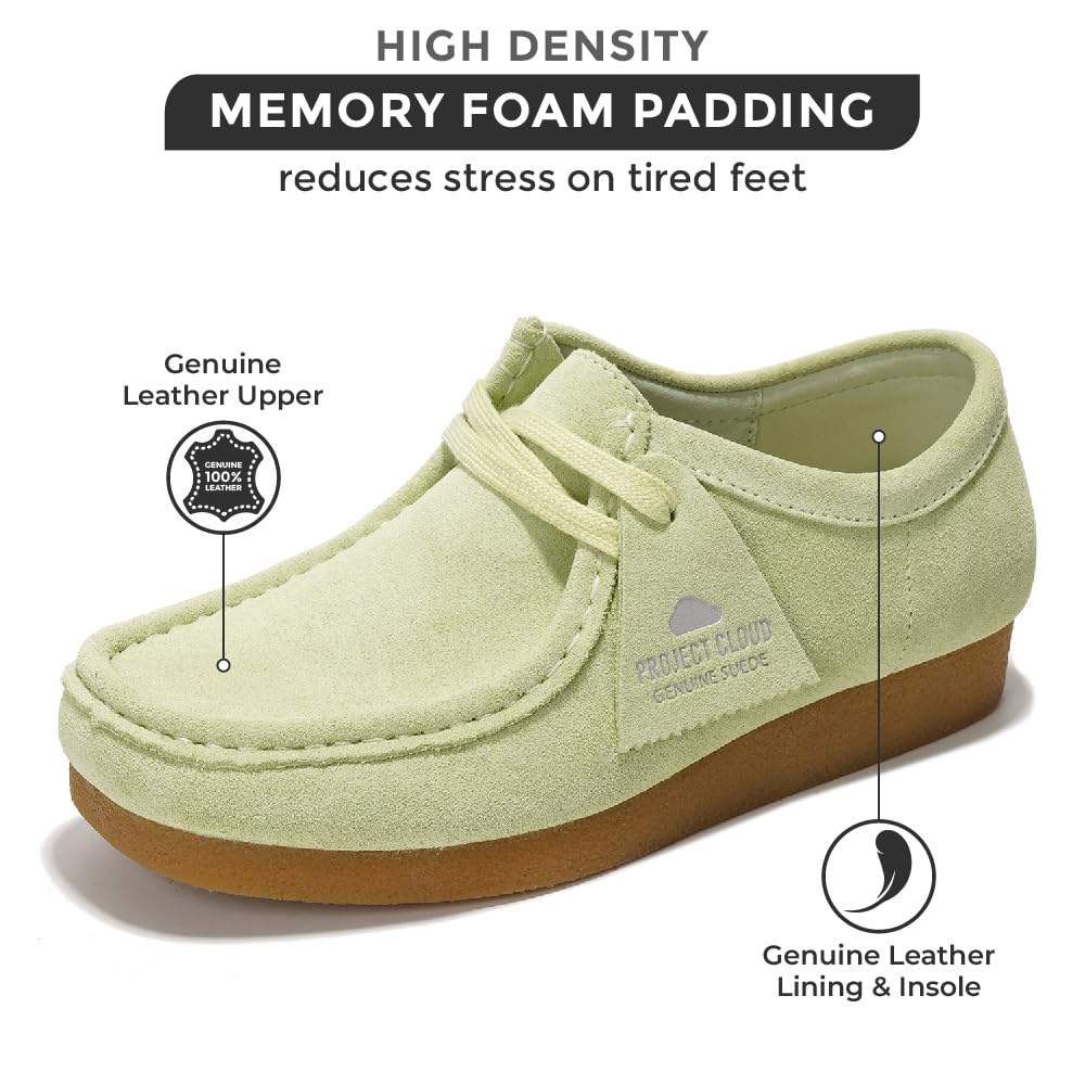 Project Cloud women's oxford shoe: genuine suede upper, memory foam, leather lining, casual comfort.