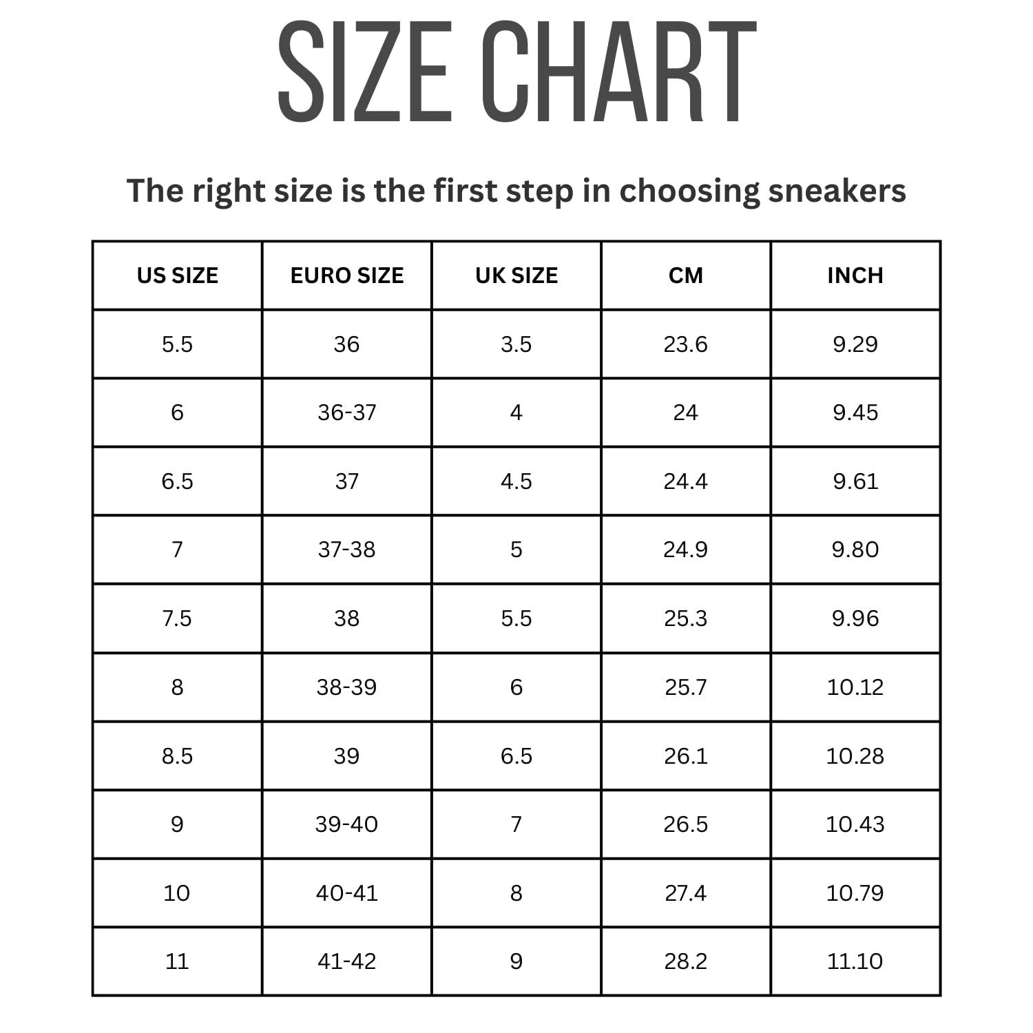 Ysabelle sneaker size chart: US, Euro, UK, CM, Inch. Find your perfect fit for women's trendy sneakers.