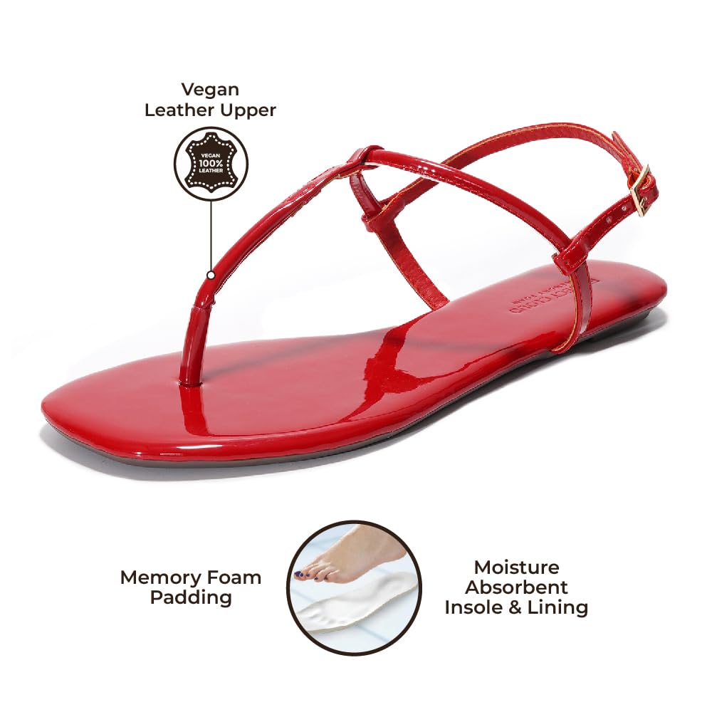 Red vegan leather Celebration sandals, memory foam, moisture-wicking, strappy design. Project Cloud summer flats.