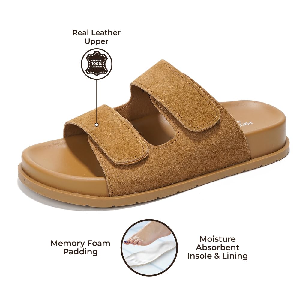Project Cloud Sleek Platform Sandals, brown suede upper with memory foam, adjustable straps for women.