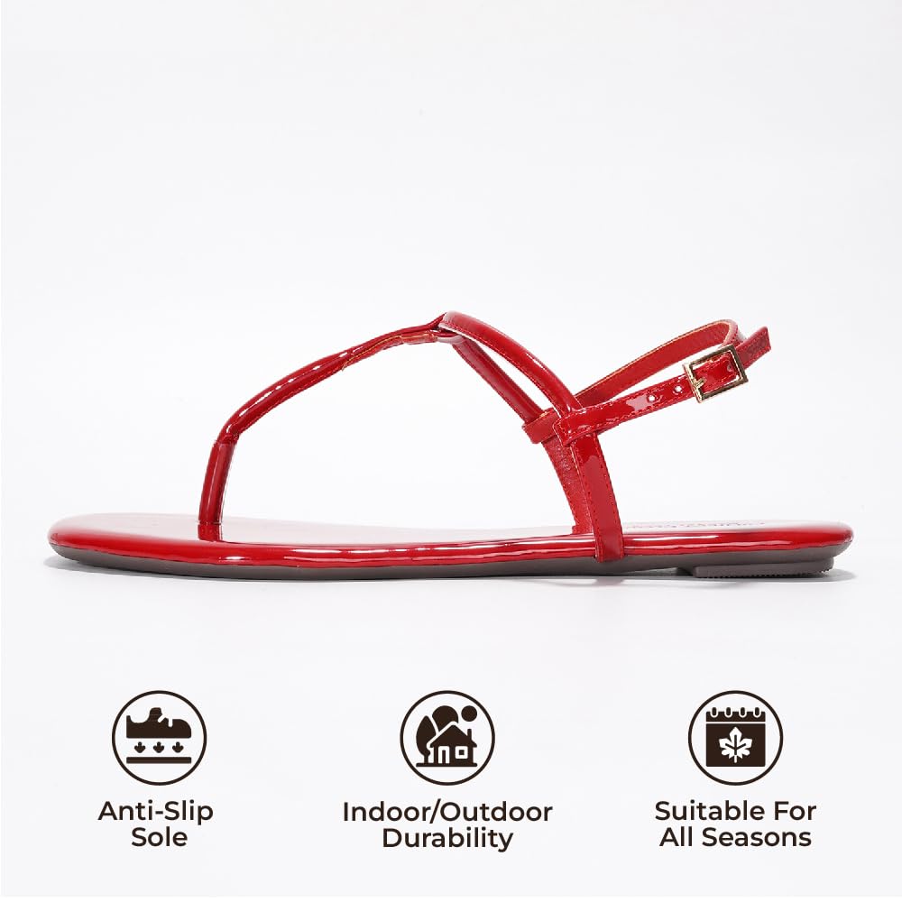 Project Cloud Red Vegan Leather Sandals with T-strap design, anti-slip sole, suitable for all seasons