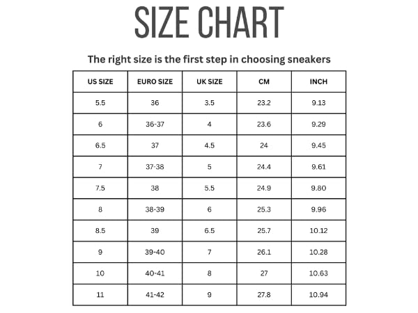 Project Cloud Goal Sneakers Size Chart: US, Euro, UK sizes, centimeters, and inches conversion for women's sneakers