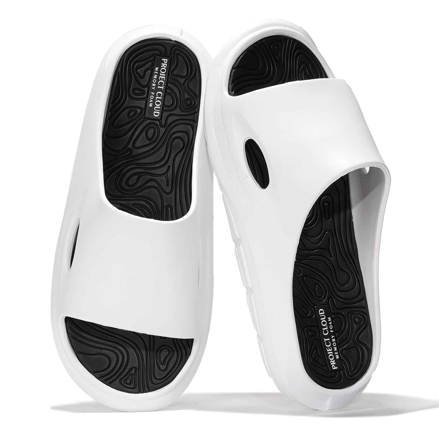 Project Cloud Dean men's white sandals with black memory foam sole, lightweight and flexible for comfort.