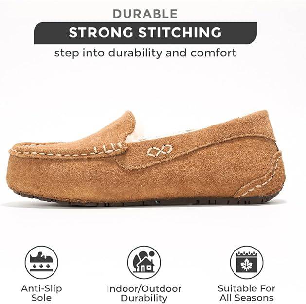 Brown suede Project Cloud Cathi Loafers: Durable stitching, faux fur, memory foam, non-slip sole, all-season wear.