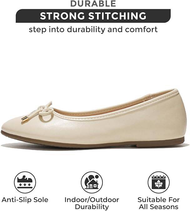 Beige vegan leather ballet flat with anti-slip sole, durable design for all seasons. Project Cloud.