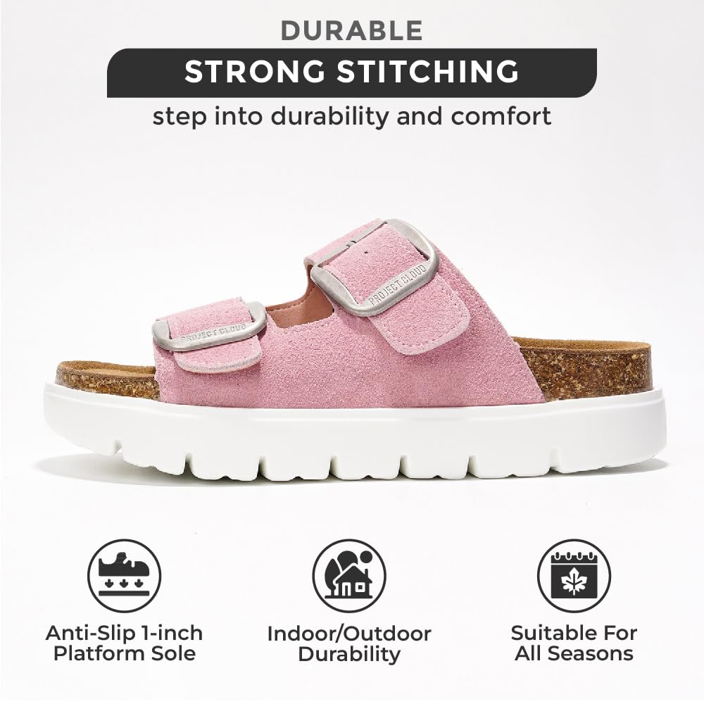 Pink suede platform sandals with silver buckles, durable stitching, anti-slip sole, and all-season wear.