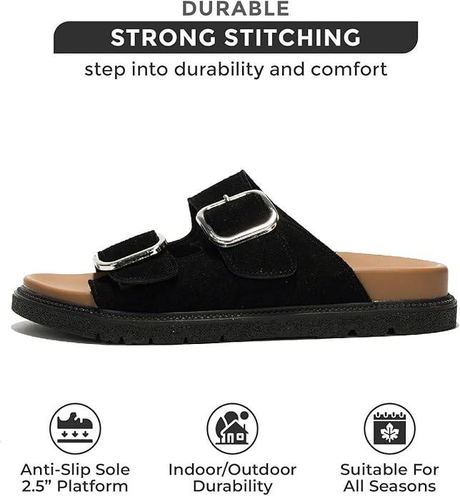 Black leather Sharl slides for women: adjustable, durable, non-slip, and all-season wear.