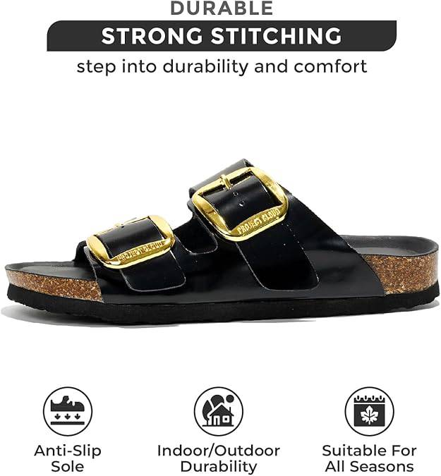 Women's black leather flat sandals with gold buckles. Durable, anti-slip sole, comfortable design.