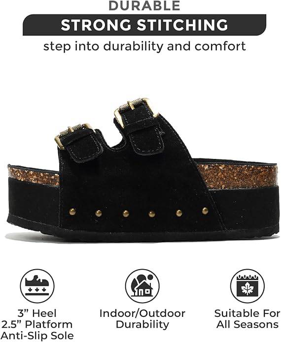 Oliy Black Suede Platform Sandals with Strong Stitching, Cork Wedge & Adjustable Buckles.