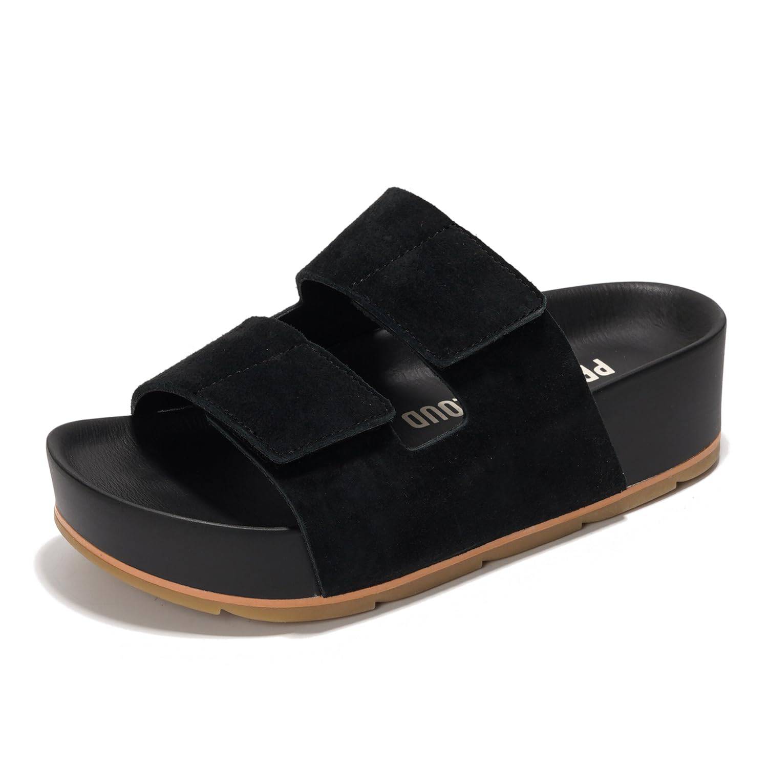 Project Cloud "Pismo" Platform Sandals in Black Suede. Featuring adjustable straps, memory foam insole, and a non-slip sole.