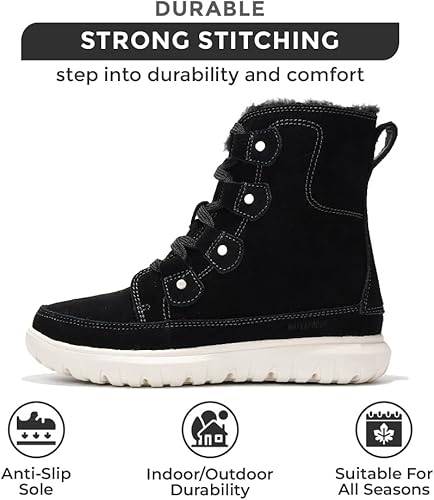Project Cloud black suede Leonora snow boot, strong stitching, non-slip sole. Durable, all seasons.