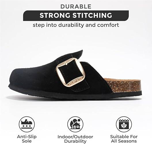 Project Cloud Manchester clog in black suede, gold buckle, anti-slip sole, durable & comfortable.