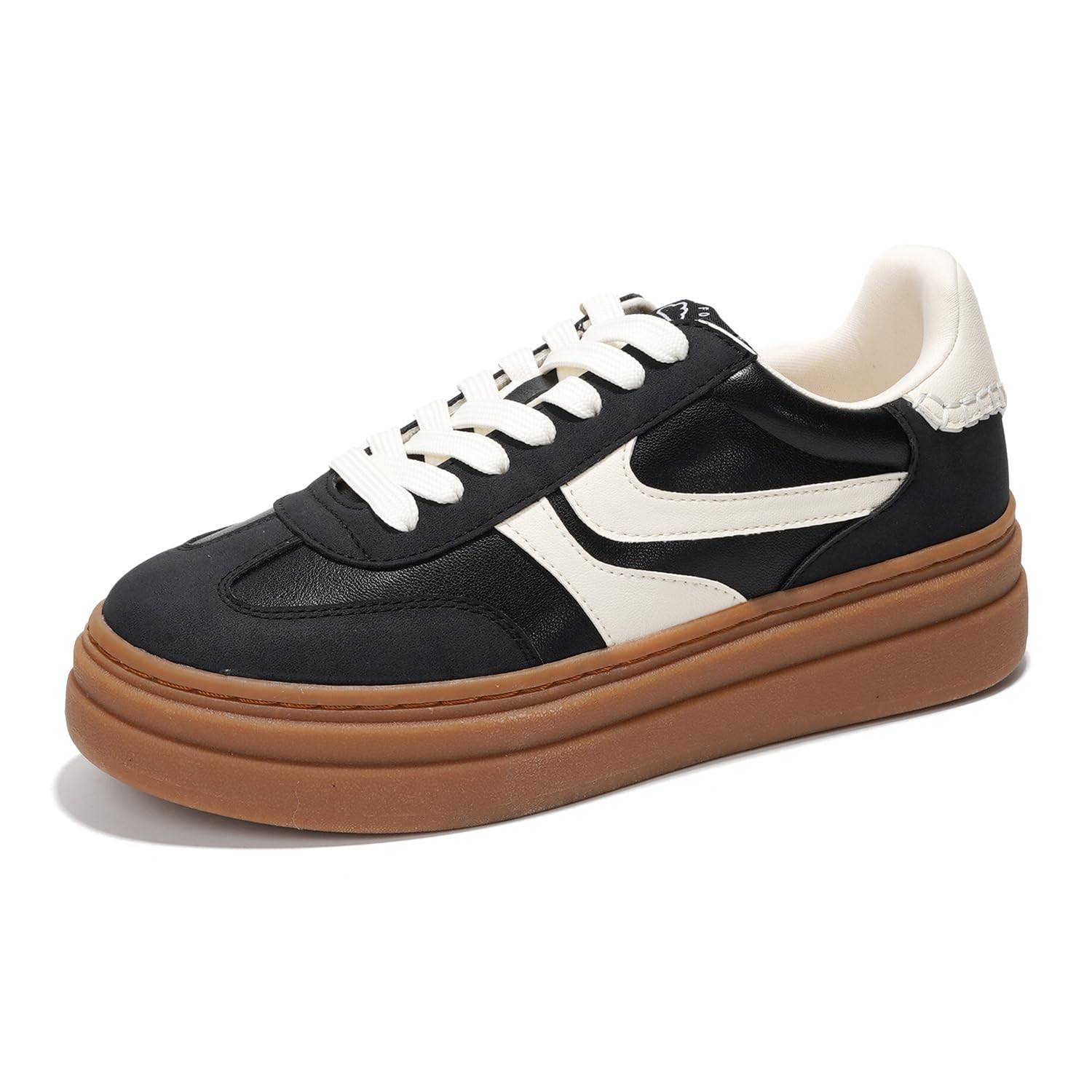 Black Project Cloud Dodge Platform Sneakers with white accents, brown sole, and memory foam. Women's fashion sneakers.