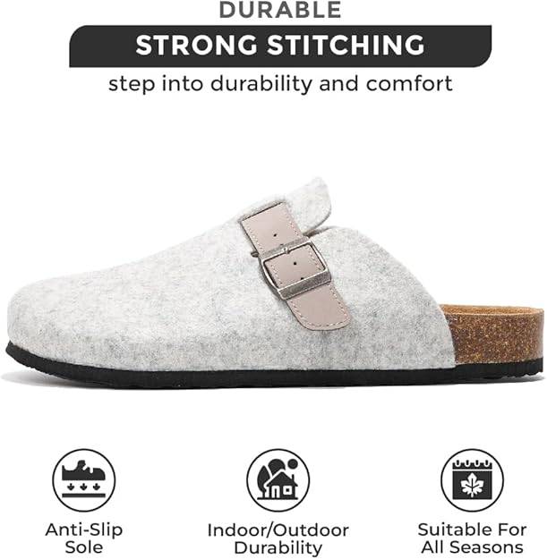Men's gray felt Brooklyn clogs: Durable, anti-slip, cork footbed, for all seasons.