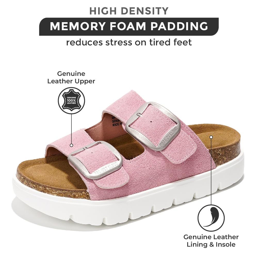 Project Cloud pink leather platform sandals with memory foam and leather lining, designed for women's comfort and style.
