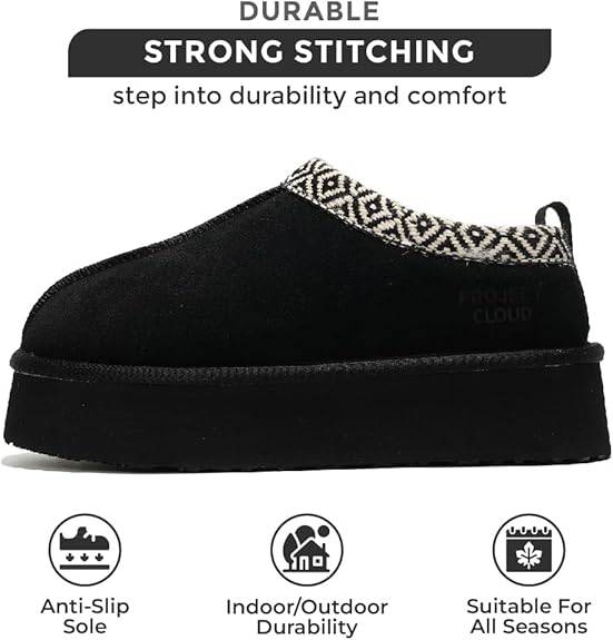 Black platform slippers with strong stitching, anti-slip sole, all-season Project Cloud footwear.