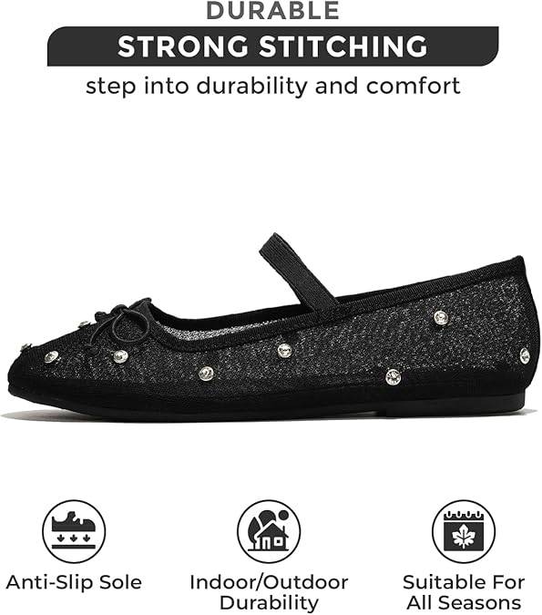 Black Project Cloud Amity ballet flats, rhinestone and strap details, strong stitching, anti-slip.