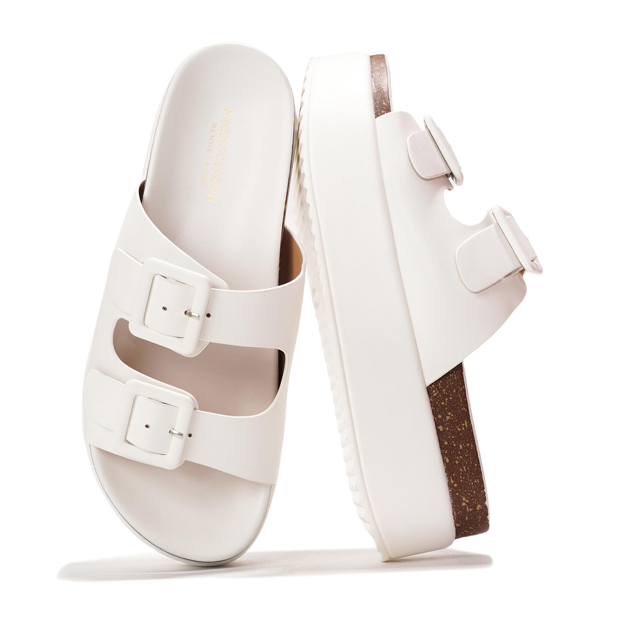 Project Cloud "Softy" white vegan leather platform sandals with buckle detail and ProjectPlush memory foam footbed