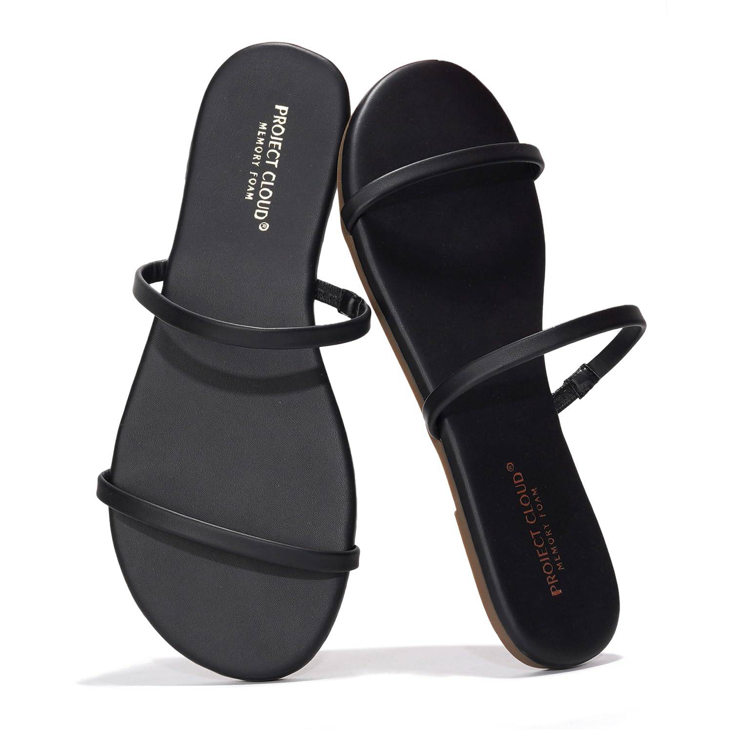 Project Cloud Women's Black Vegan Leather Flip Flops with Memory Foam, Summer Sandals for Women