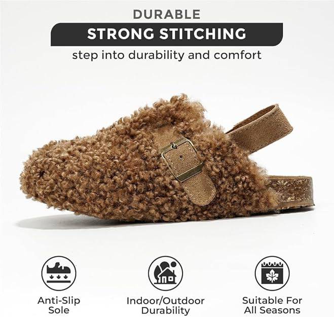 Project Cloud Jeanna Clogs: Brown shearling kids' clogs with buckle, back strap, durable, and anti-slip sole.