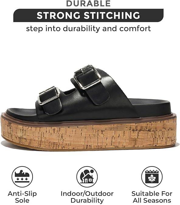 Project Cloud black vegan leather wedge sandals with buckle detail, cork platform, durable, anti-slip sole, all seasons.