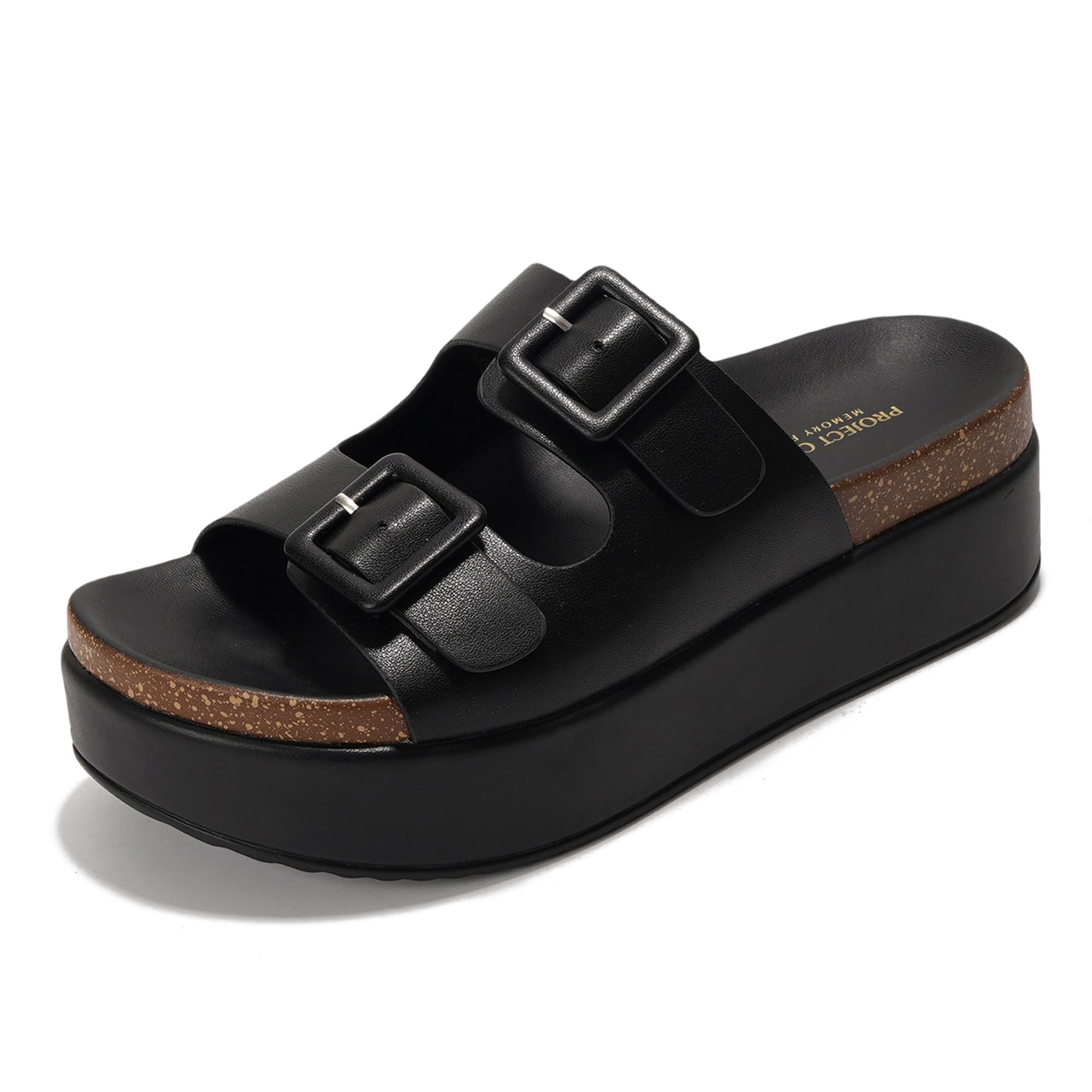 Project Cloud Softy black vegan leather platform sandals with buckle detail and ProjectPlush memory foam footbed.