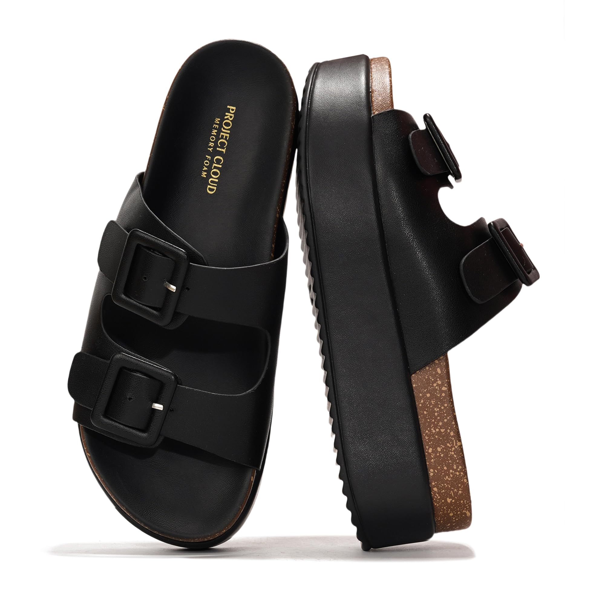 Project Cloud Softy black vegan leather platform sandals with buckle detail, featuring ProjectPlush memory foam footbed.