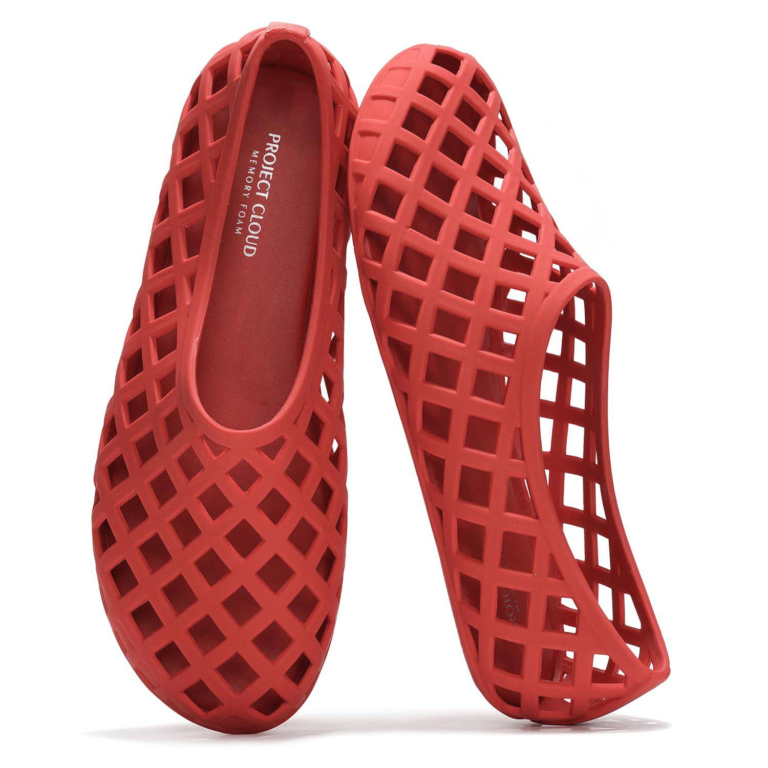 Project Cloud Jellz ballet flats in red, waterproof, openwork design, memory foam, lightweight womens shoes.