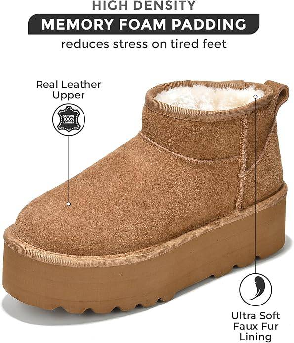 Brown suede platform ankle boots for women with memory foam and faux fur lining
