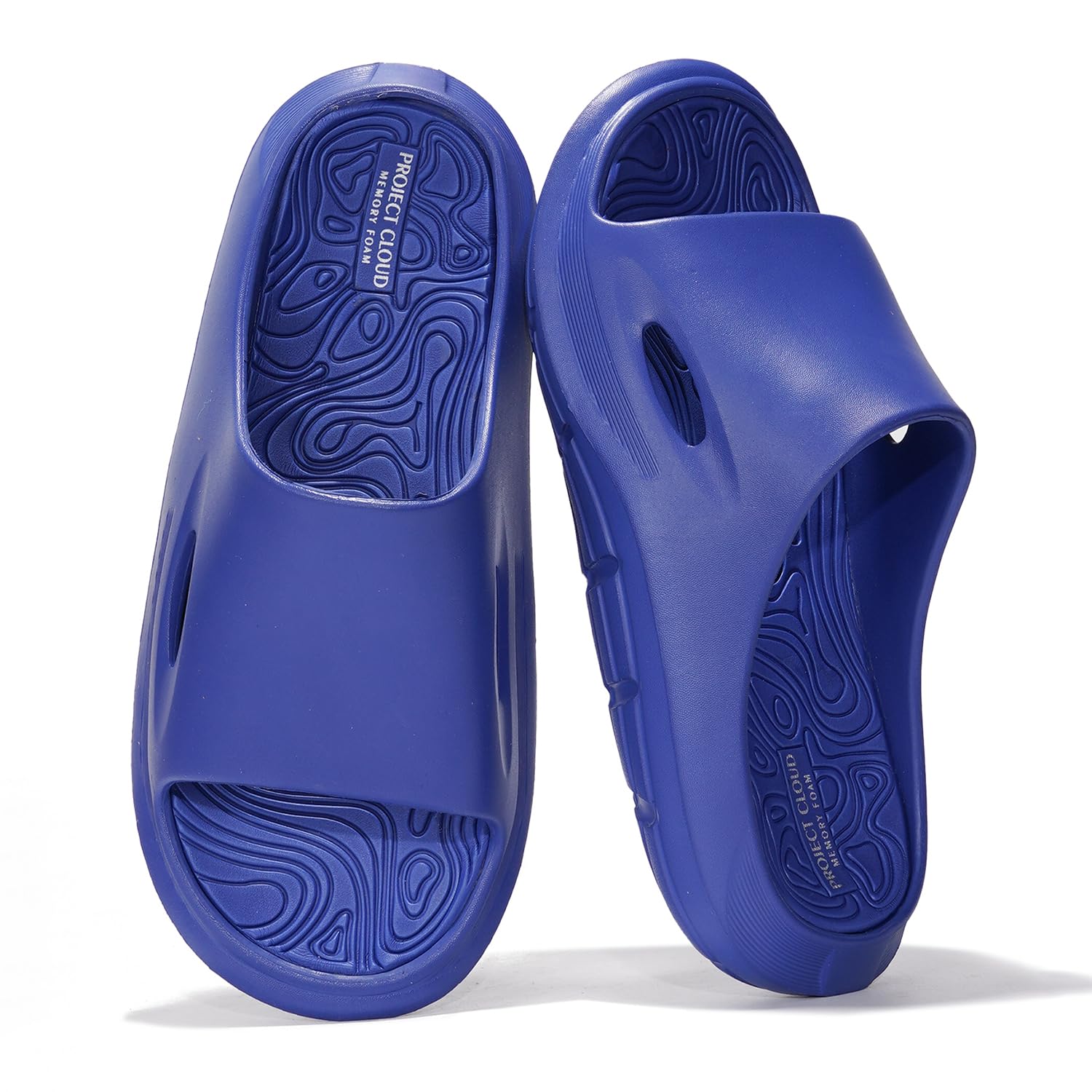 Project Cloud Dean blue sandals with memory foam, flexible EVA, anti-slip for comfort.