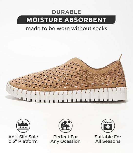Tan laser-cut Project Cloud Lily loafers, moisture absorbent, women's slip-on shoes, 0.5" platform, travel-ready.