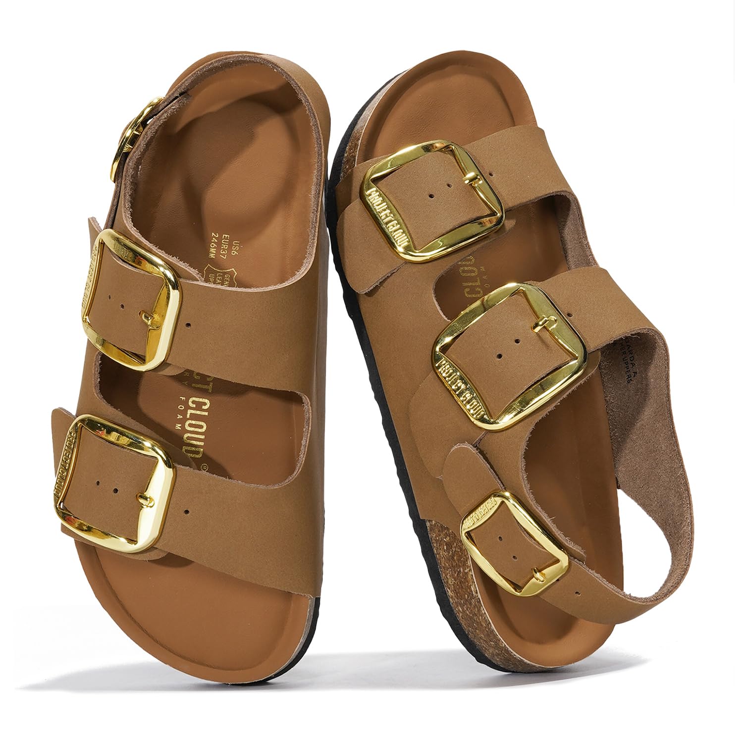 Project Cloud Garda Brown Leather Sandals with Gold Buckles - Comfortable Summer Footwear