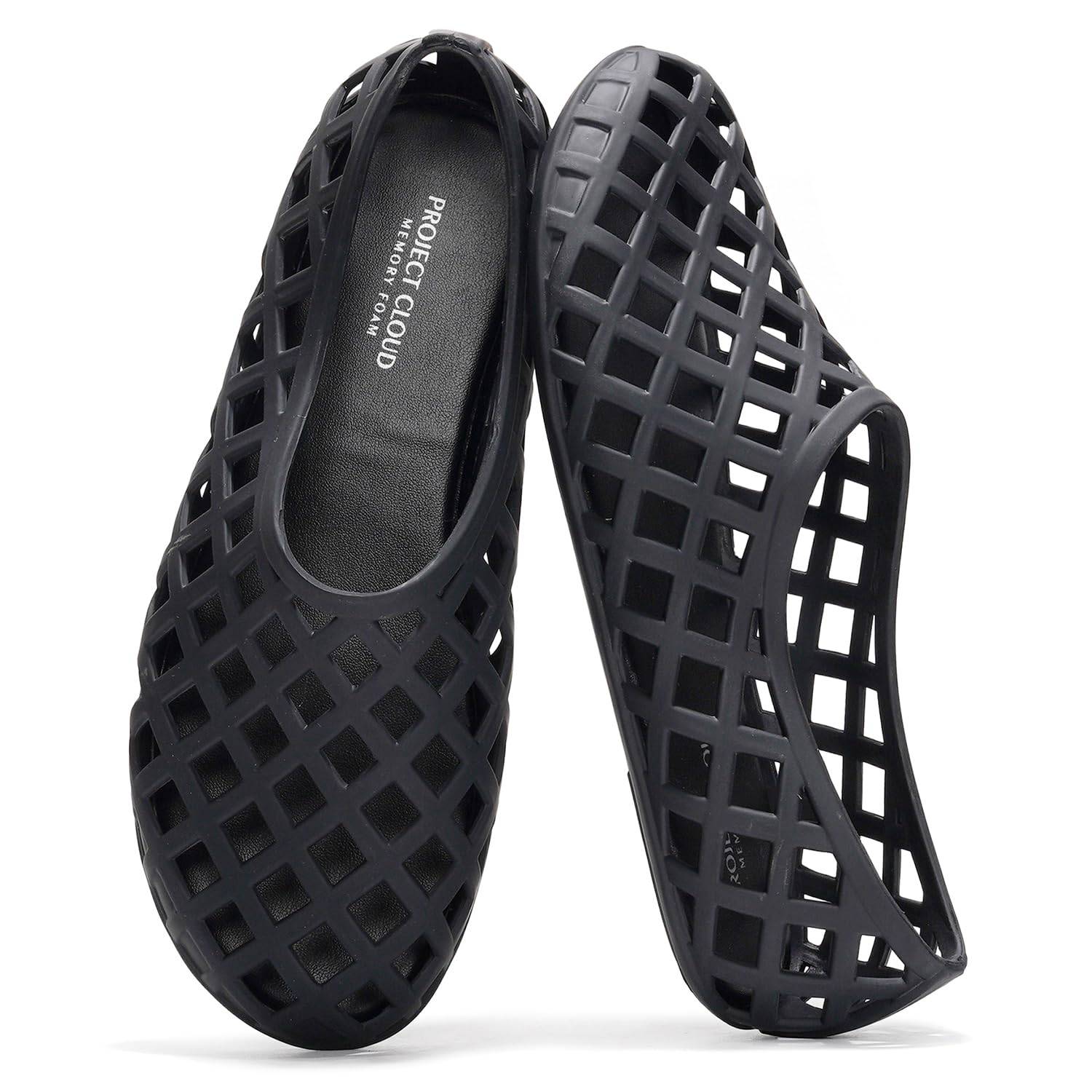 Project Cloud black Jellz ballet flats with openwork design. Waterproof, memory foam womens shoes.