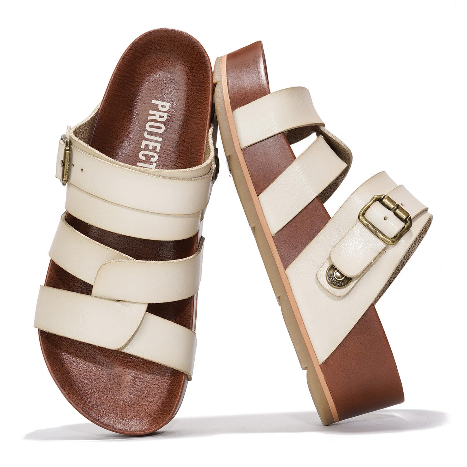 Project Cloud "Proud" Vegan Leather Platform Sandals in cream with buckle detail and brown footbed.