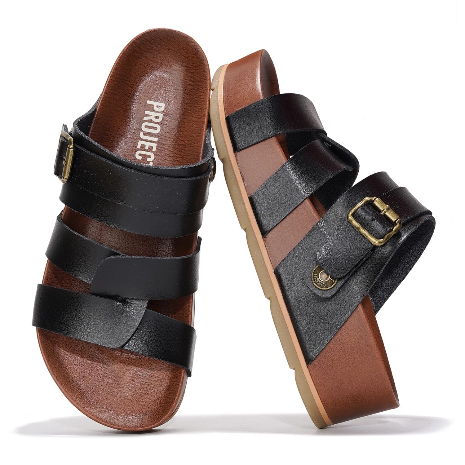 Project Cloud Proud Vegan Leather Platform Sandals in black with buckle detail, memory foam sole.