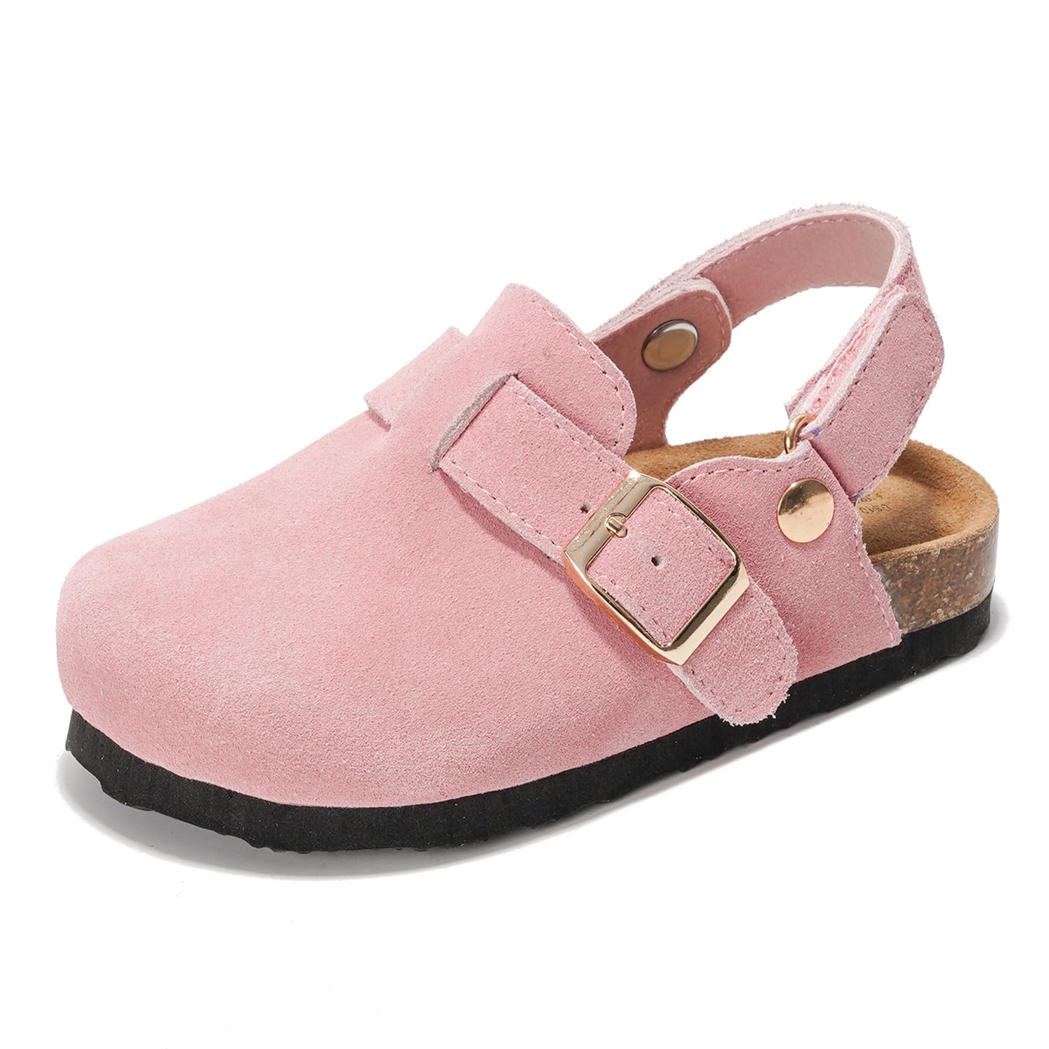 Project Cloud BentonKids pink suede clogs with cork footbed and adjustable strap, perfect for boys and girls.