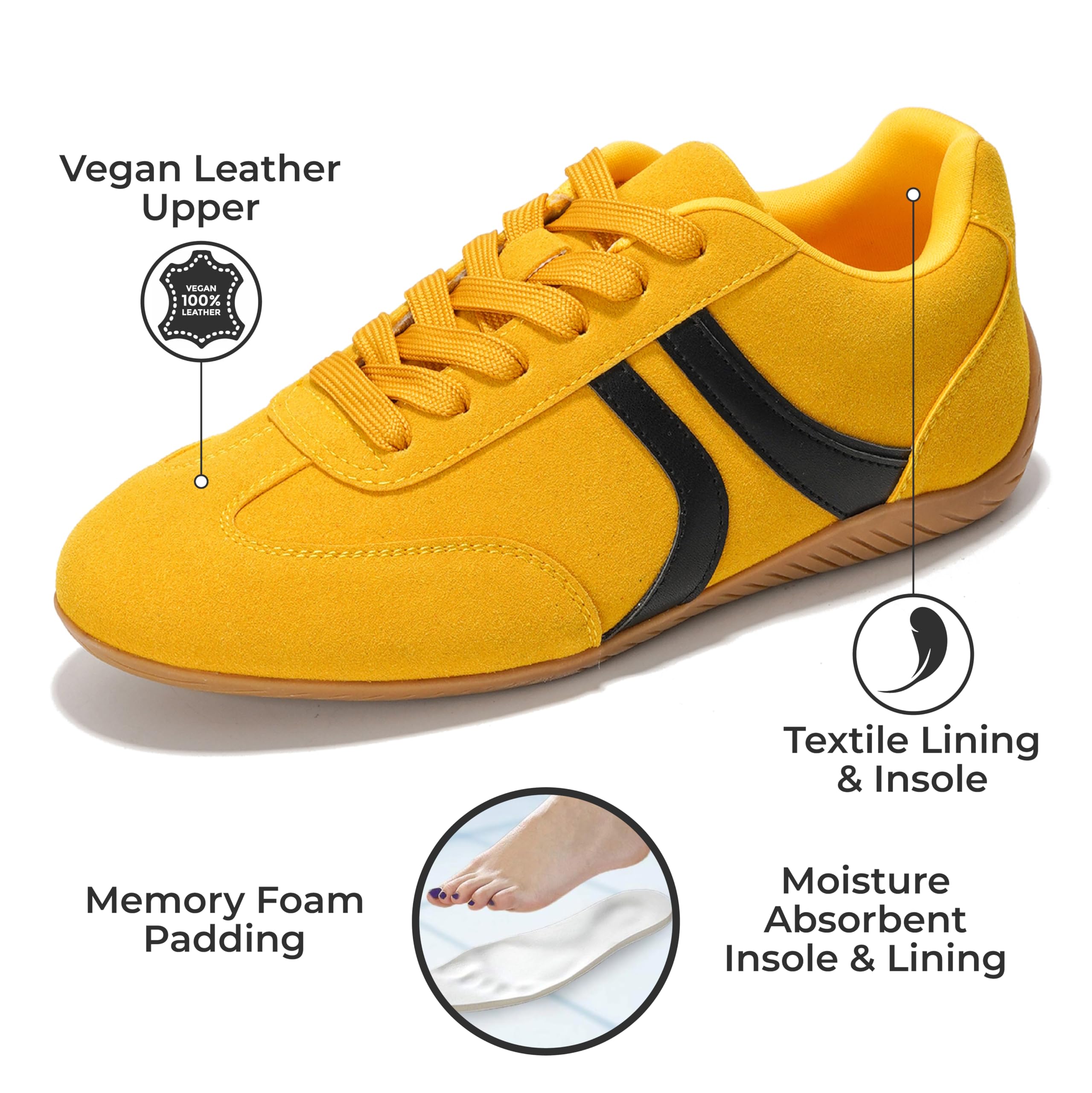 Project Cloud Goal Sneakers, yellow vegan leather with black stripes, memory foam, non-slip.