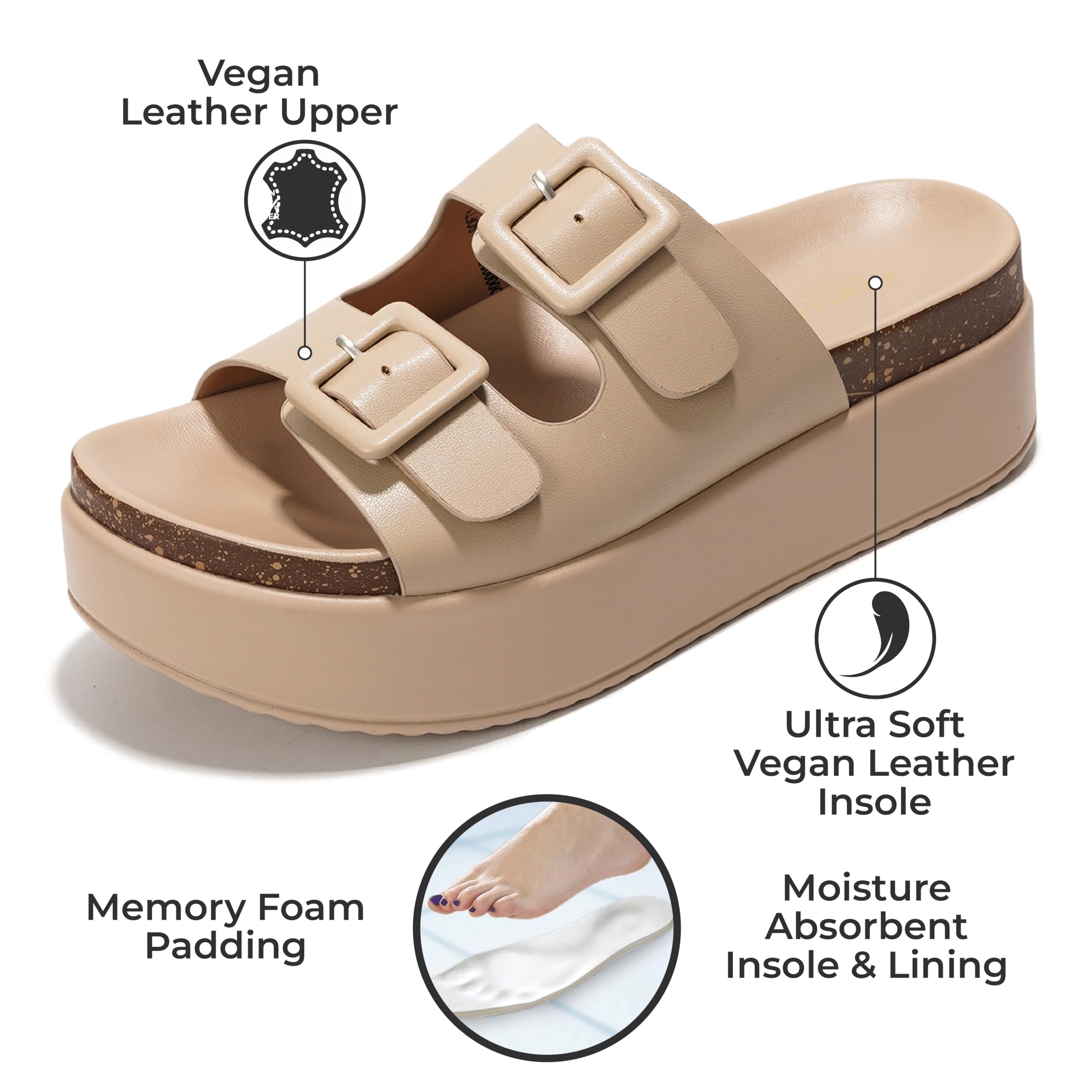Beige vegan leather "Softy" platform sandals from Project Cloud. Features buckle, cork footbed, memory foam insole.