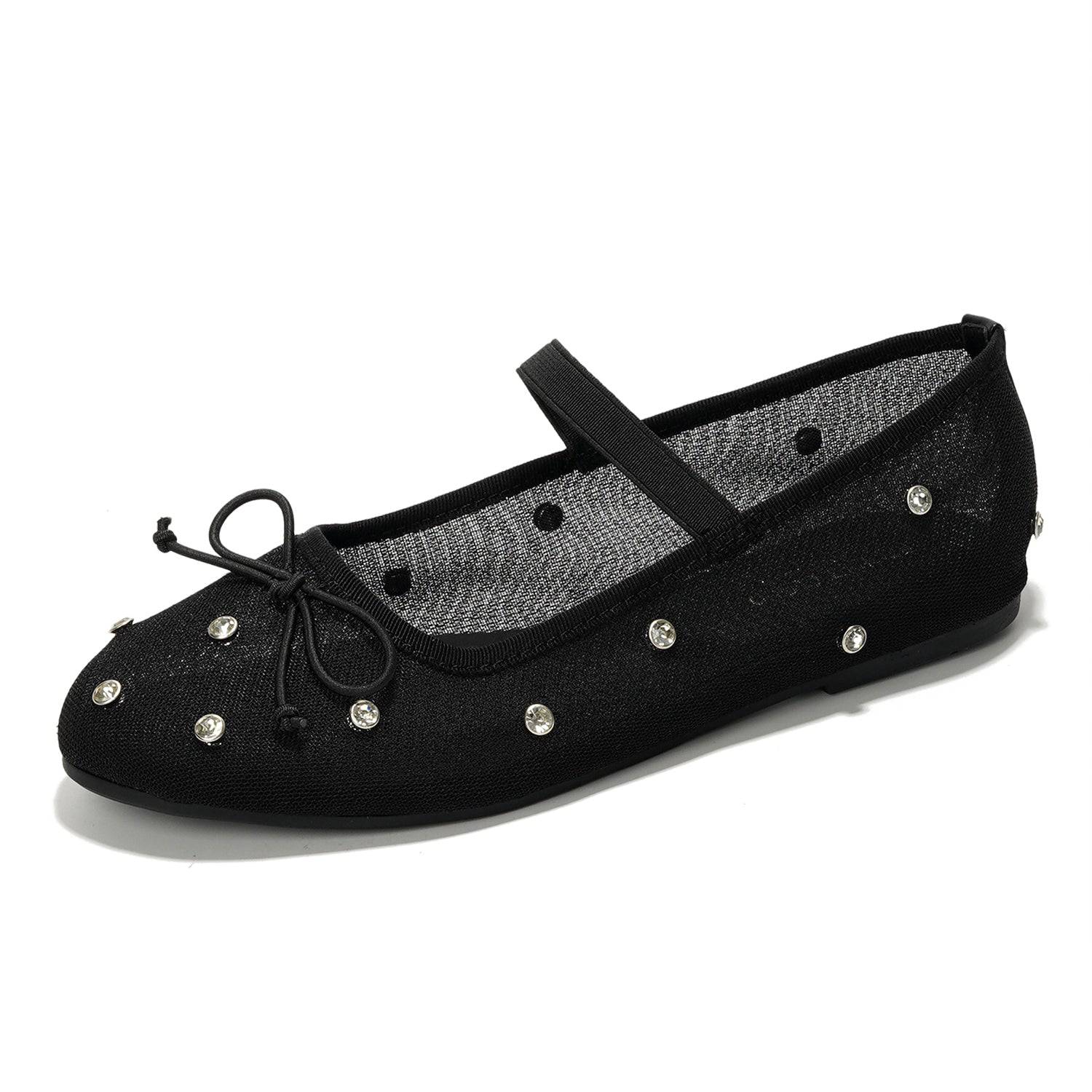 Project Cloud Amity Ballet Flats in Black with Rhinestones and Bow Detail