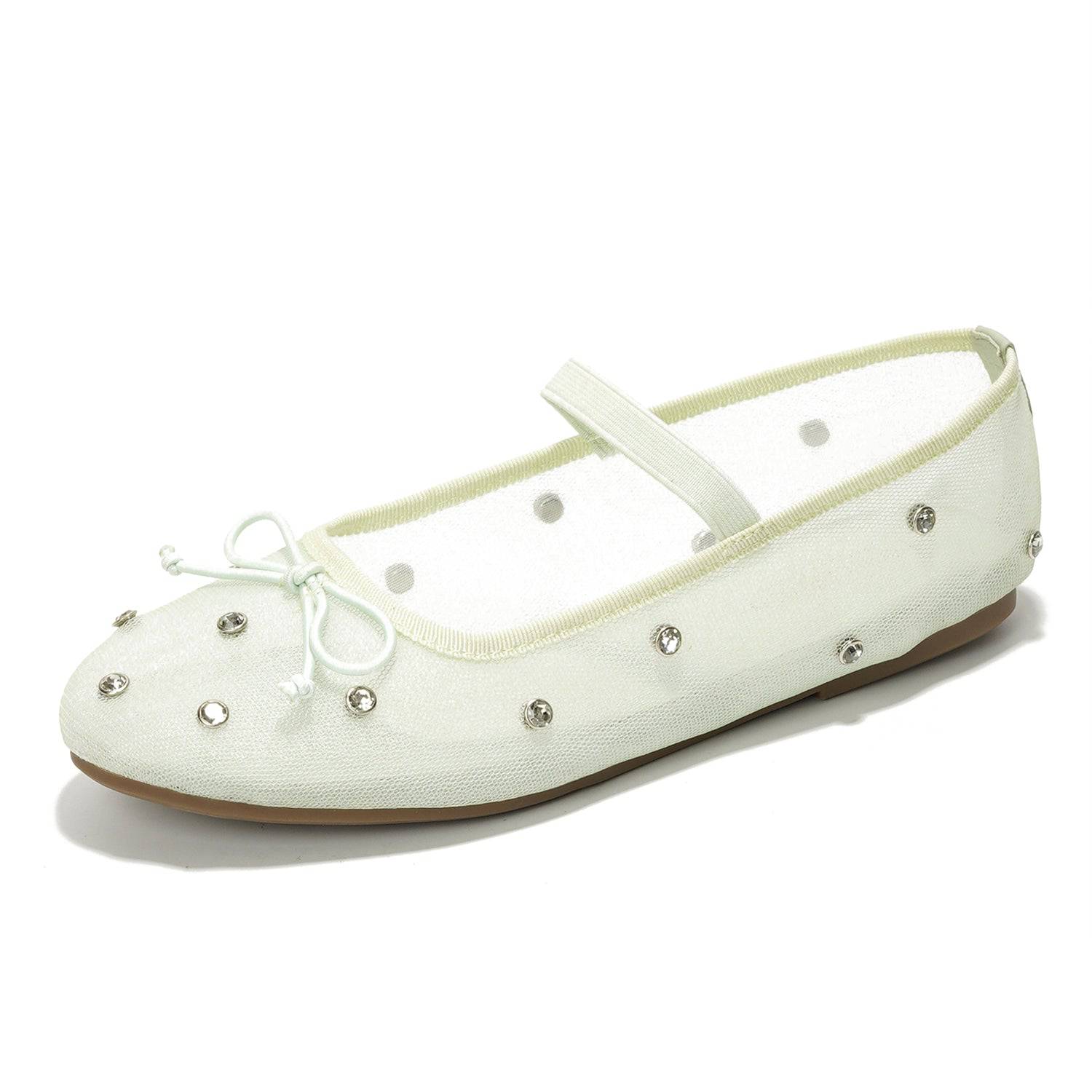 Project Cloud Amity ballet flats in light green with rhinestone embellishments, bow, strap, and comfortable design.