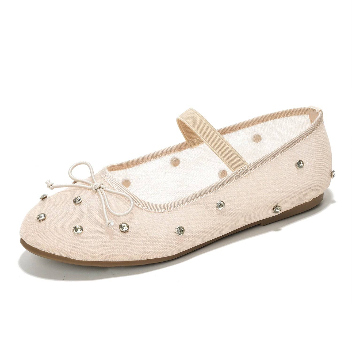 Project Cloud Amity ballet flats in beige with embellishments, bow, strap, and comfortable ProjectPlush insole.