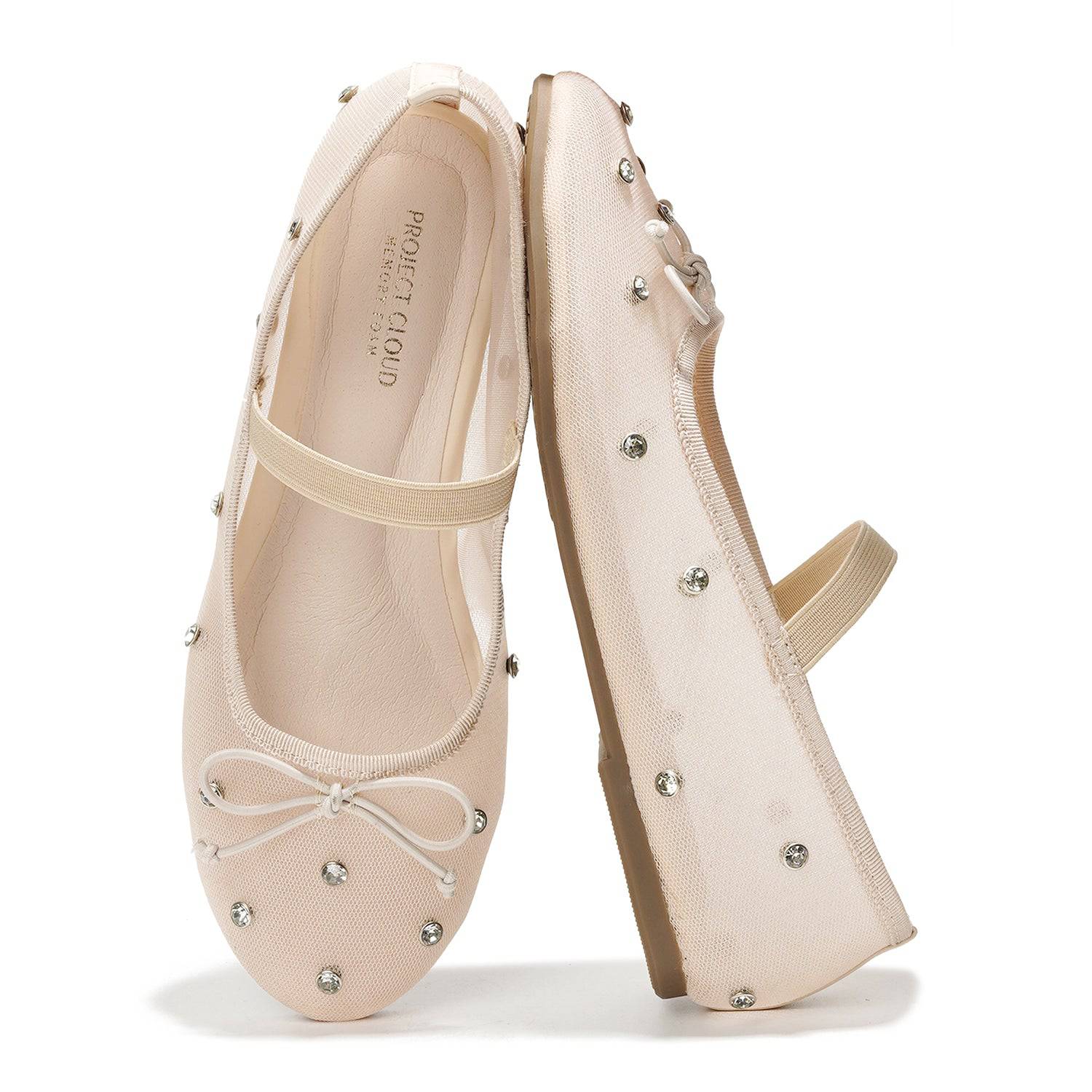 Project Cloud Amity Ballet Flats in beige. Embellished, with bow and strap. ProjectPlush memory foam for comfort.