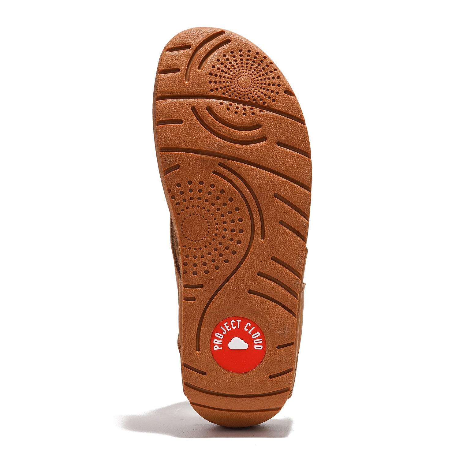 Project Cloud Arlee brown leather sandal sole with non-slip design. Featuring Project Cloud logo