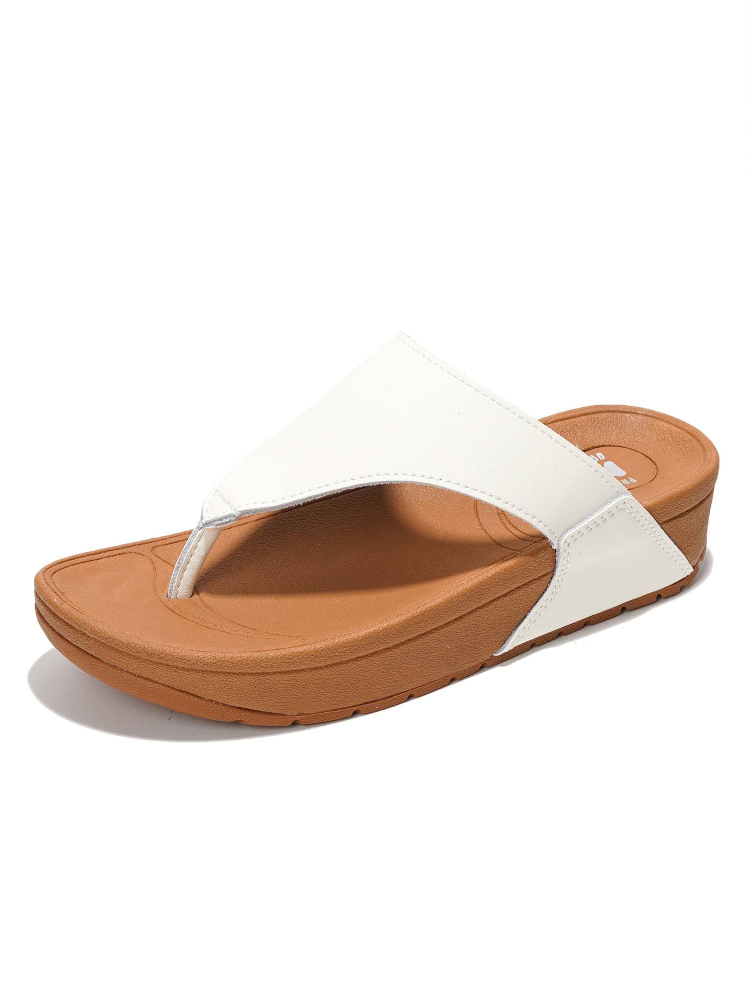 Project Cloud Arlee Women's white leather thong sandals with brown sole, memory foam comfort and non-slip design.