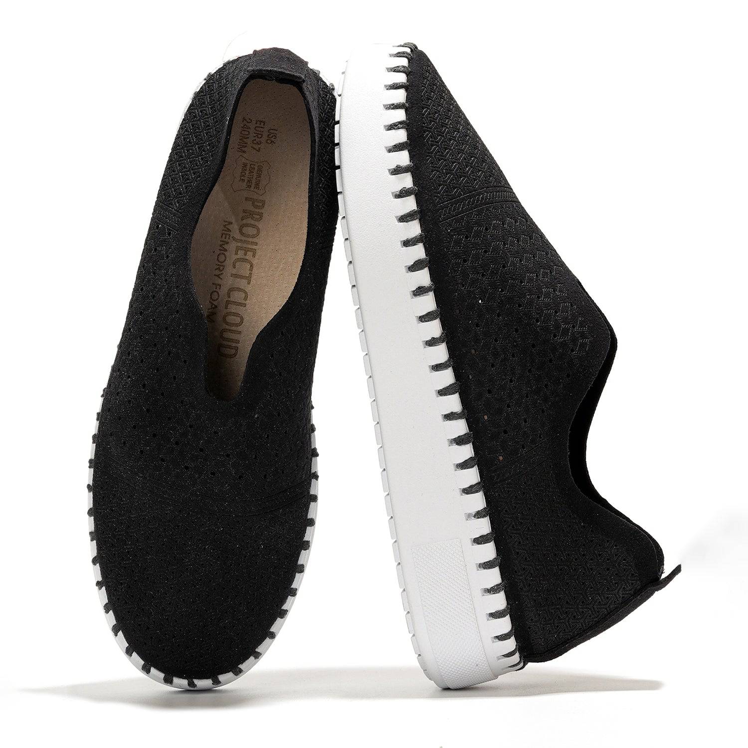 Project Cloud Aster Women's Black Leather Sneakers with Memory Foam and White Sole