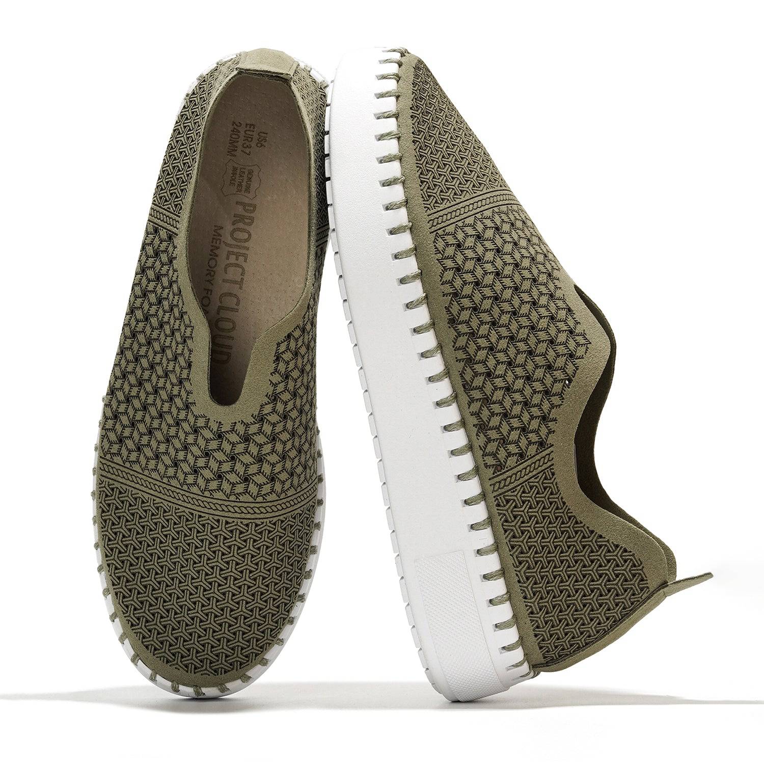 Project Cloud Aster Women's Green Leather Sneakers with Memory Foam, breathable and washable design, stylish sockless wear.