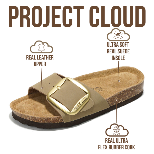 Project Cloud Mykonos sandals. Genuine leather upper, suede insole, cork footbed. Perfect summer beach essentials.